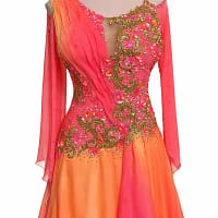 Silken Radiance ballroom gown with coral-to-orange sunburst ombre skirt and gold filigree bodice.