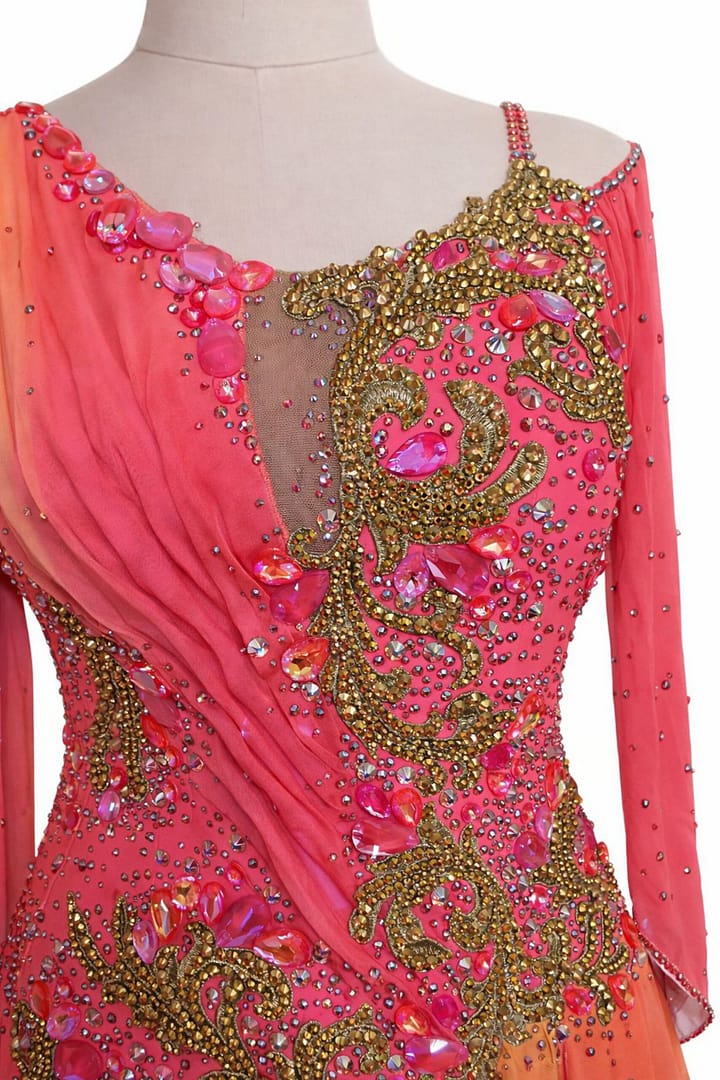 Close-up of Silken Radiance bodice featuring hand-placed pink gemstones and intricate gold beaded embroidery.