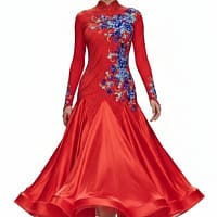 Garnet bouquet Ballroom Dress - front view - Red ballroom gown with blue crystal embroidery
