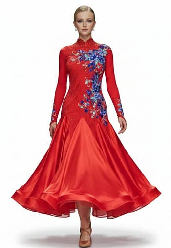Garnet bouquet Ballroom Dress - front view - Red ballroom gown with blue crystal embroidery