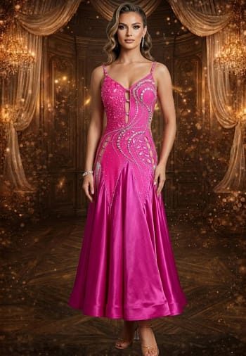 Full front view of Malibu Dream ballroom gown with vibrant pink satin skirt and crystal embellished bodice