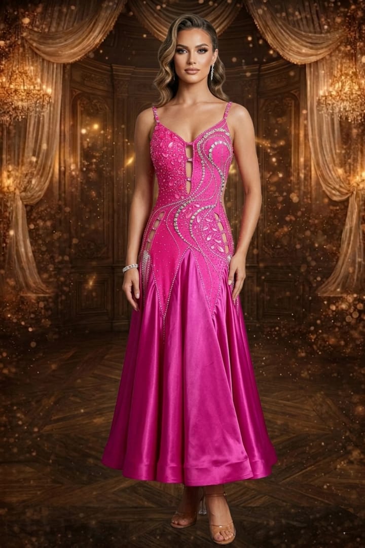 Full front view of Malibu Dream ballroom gown with vibrant pink satin skirt and crystal embellished bodice