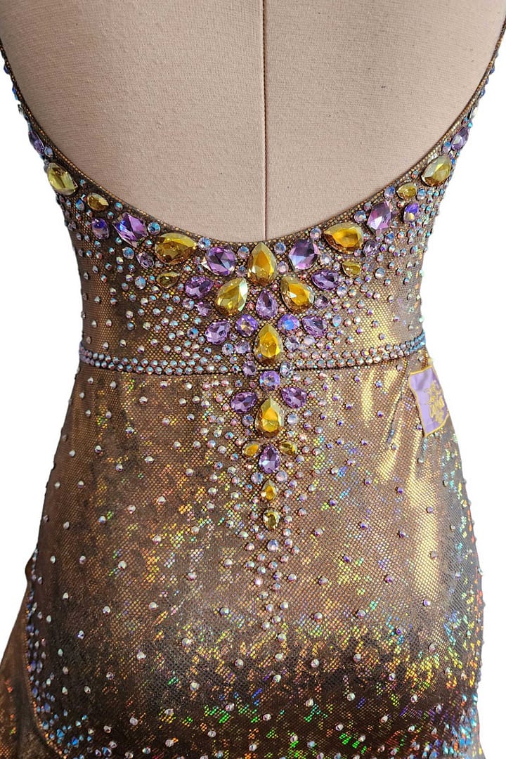 Golden Reverie Latin Dress stonework close-up intricate pattern of yellow, purple, and AB crystals on the low back of the dress