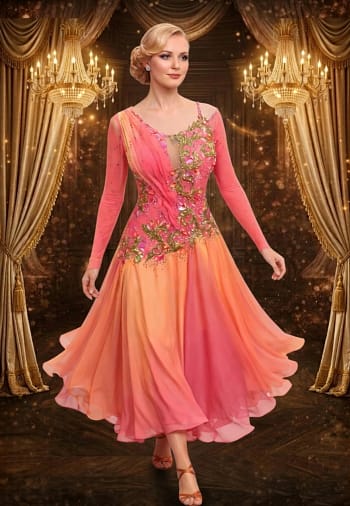 Professional dancer in the Silken Radiance gown, showing movement in the coral ombre sunburst pleated skirt.