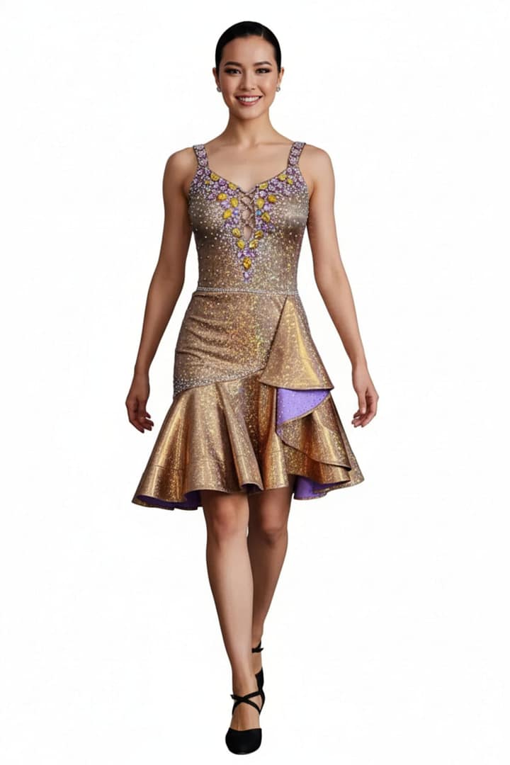 Golden Reverie Latin Dress front view whole body model in shimmering gold dress with purple and yellow crystal embellishment