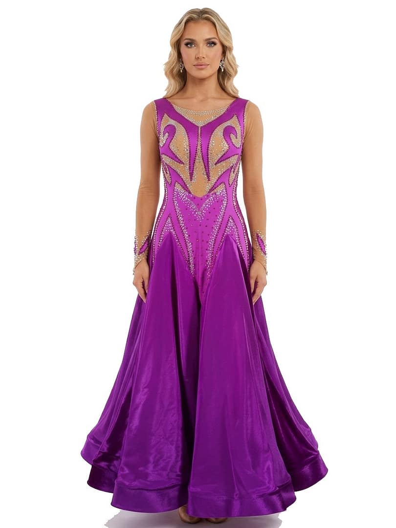 Majestic Violet ballroom dress front view in rich purple with crystal embellishments, illusion neckline, long sleeves, and flowing satin skirt