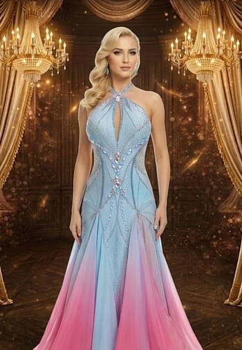 Serenity Bloom Ballroom gown front view on mannequin featuring light blue halter neckline, crystal embellishments, and flowing ombré chiffon skirt in blue and pink tones.