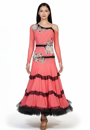Bruna Ballroom Dress - front view - Coral ballroom gown with ruffled skirt and floral crystal appliqué