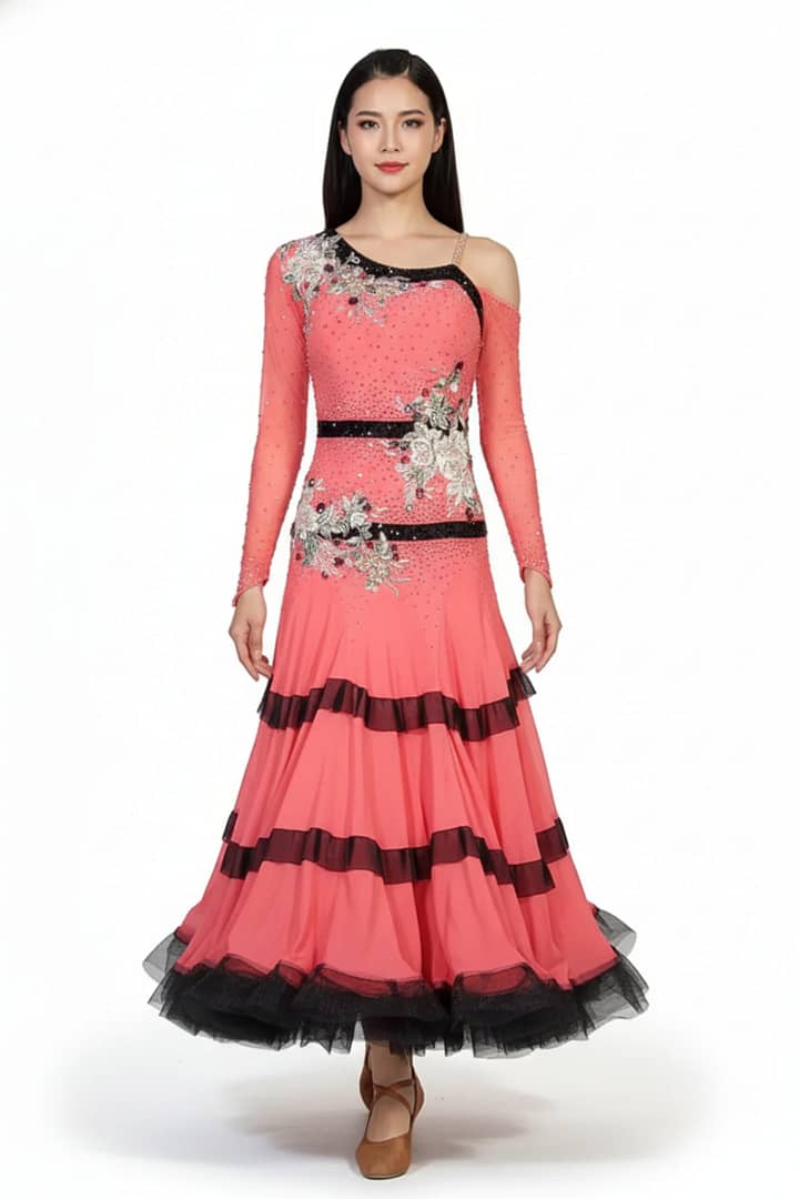 Bruna Ballroom Dress - front view - Coral ballroom gown with ruffled skirt and floral crystal appliqué