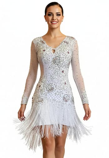 Dani Latin Dress — front view — showcasing the V-neckline with a small keyhole opening, a fitted silhouette, and the elaborate white lace and pearl work on the bodice.