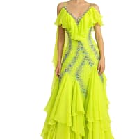 Electric Citrine Signature Series ballroom gown in vivid chartreuse with rhinestone embellishments
