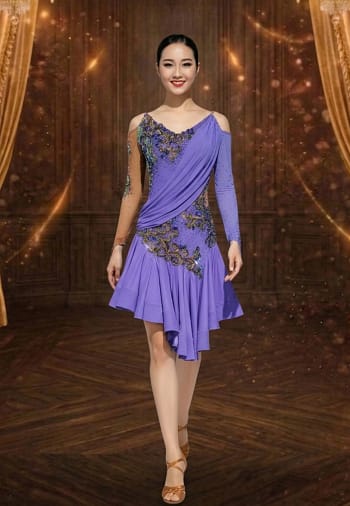 Lavender Rhythm Latin Dress — front view — model in lavender dress with cold-shoulder design, asymmetrical draping, and sparkling multi-crystal appliqué