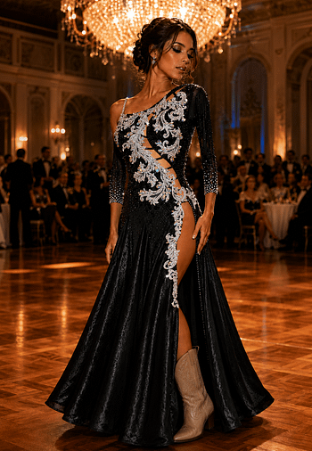 Crystal Nocturne Signature Series black ballroom competition dress featuring silver crystal appliqué, asymmetrical neckline, illusion sleeve, high side slit, and flowing full skirt.