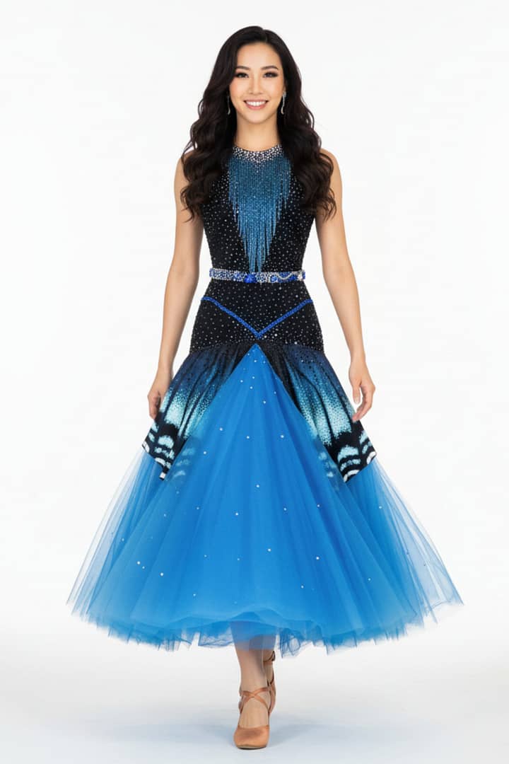 Alyne Ballroom Dress - front view - Elegant blue and black ballroom gown with crystal details.