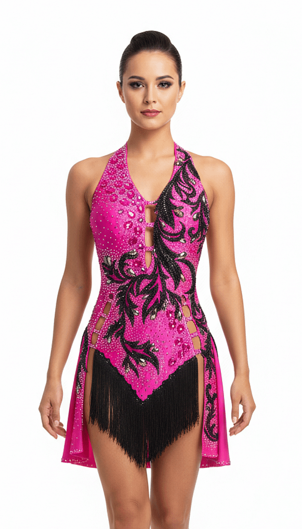 Performance – Fuchsia Dominion Latin dress worn by a model, featuring fuchsia fabric, black beaded lace, and fringe for competition movement.