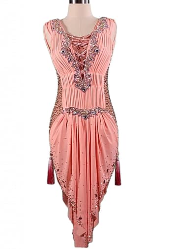 Joni Latin dress — bodice detail — close-up of pleated bust, crystal V-neck trim, and central lace-up detail