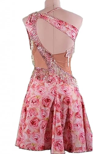 Usha Latin Dress – back view – open back with diagonal strap, rose-pattern skirt and sparkling crystal waistband