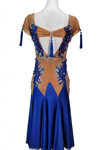 Narnia Latin Dress – back view with open back design, tassel detail and blue appliqué