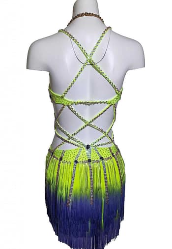 Sunshine Latin dress — back view — open back with horizontal and diagonal crystal straps