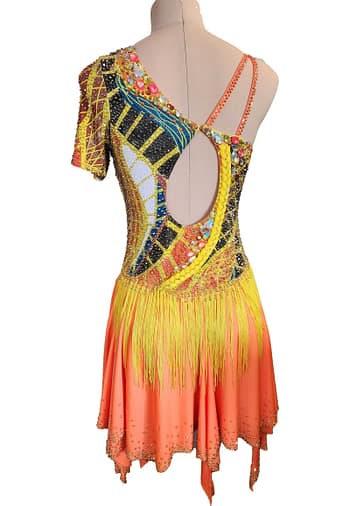 Sabrina Latin dress — back view — matching bead pattern with fringe detailing