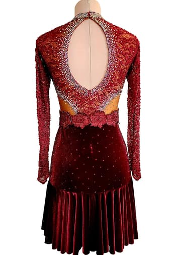 Bora Latin dress - back view - open back oval cutout, velvet skirt, and lace bodice.
