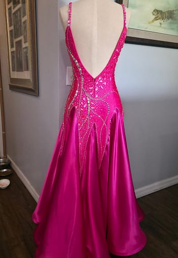 Back view of Malibu Dream ballroom gown with open back design and crystal detailing