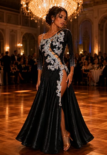 Crystal Nocturne Signature Series black ballroom competition dress featuring silver crystal appliqué, asymmetrical neckline, illusion sleeve, high side slit, and flowing full skirt.