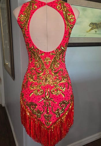 Back view of the Gilded Heat – Performance Series Latin dance dress showcasing a dramatic open-back design, gold sequin appliqué, rhinestone embellishments, and layered fringe.