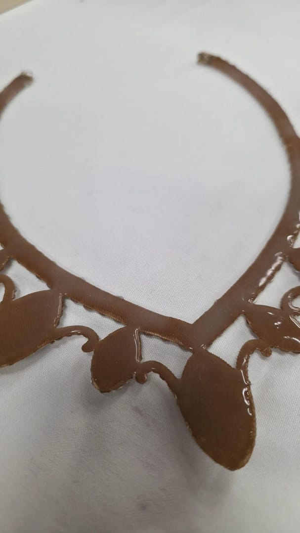 Back construction of Luminous crystal ballroom necklace showing flexible handcrafted base.