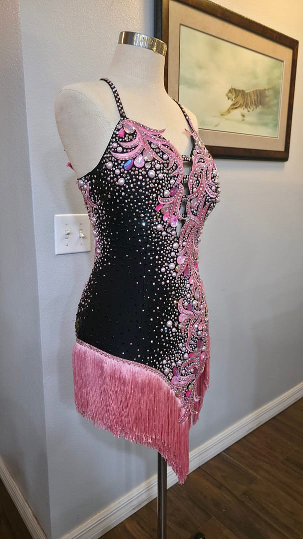 Side profile of the Blush Noir dance dress highlighting crystal embellishments, pink appliqué detailing, and asymmetrical fringe.