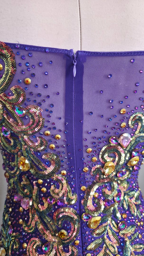 Close-up of Velvet Velocity back design showcasing crystal embellishments, sequined appliqué, and sheer mesh panel.