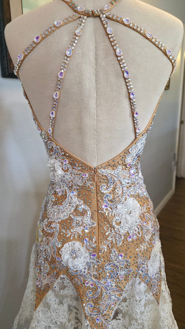 Close-up of the Lace Temptation dress back showing rhinestone straps, crystal embellishments, and intricate lace detailing