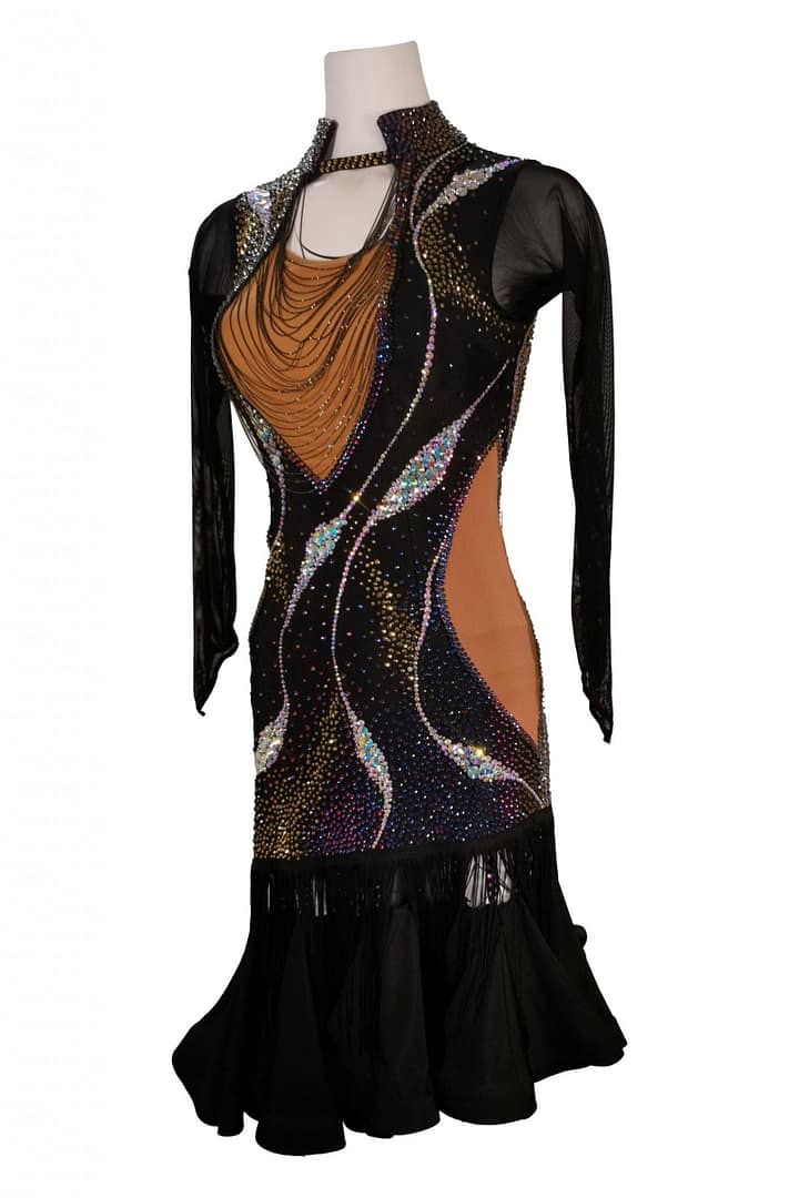 Golden Eclipse Latin dress skirt detail multi-layer black fringe and layered ruffled hemline