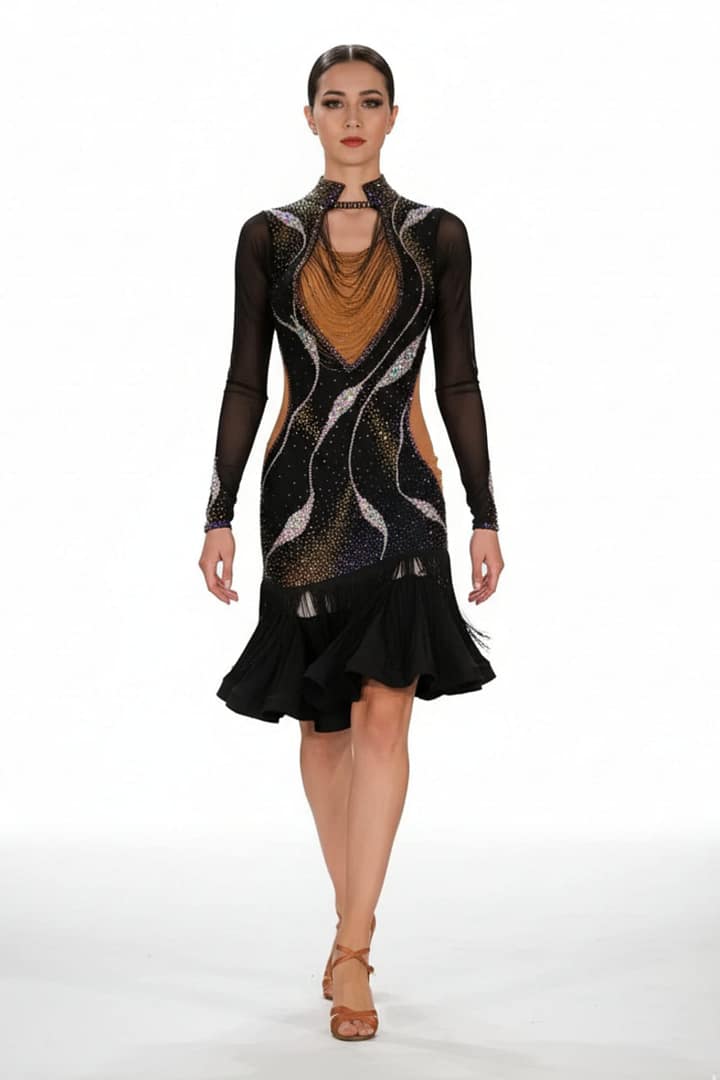 Mia Latin dress — full view — full-body view of model wearing the black Mia Latin dress