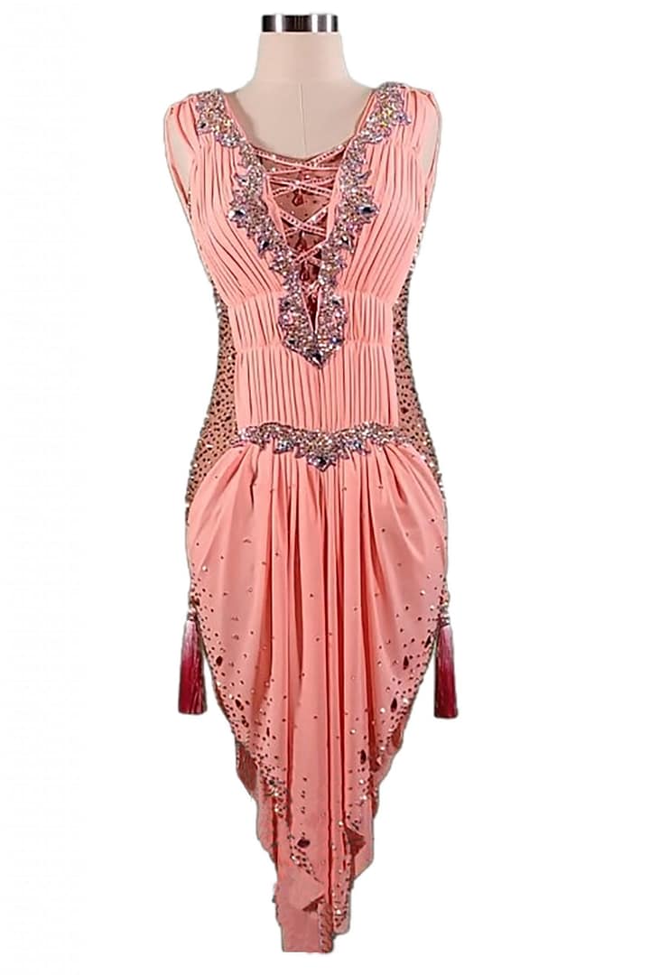 Blush Radiance Latin dress bodice detail close-up of pleated bust, crystal V-neck trim, and central lace-up detail