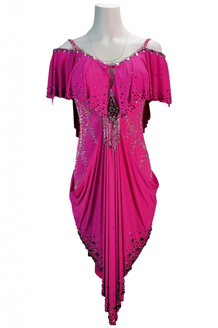 Crimson Pulse Latin dress on mannequin display view showing the unique central drape and crystal embellishment