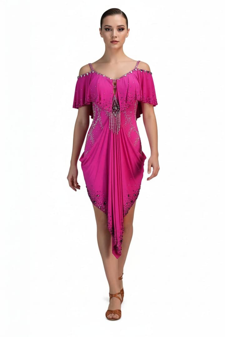 Crimson Pulse Latin dress full view full-body view of model wearing the fuchsia Zera dress