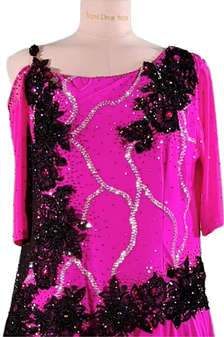 Edra Latin dress — bodice detail — close-up of hand-applied magenta and AB crystals