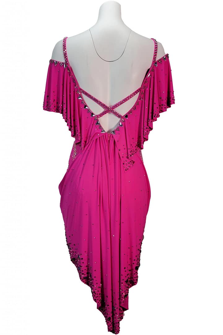 Zera Latin dress — back view — open back with crisscross crystal straps and center drape detailing