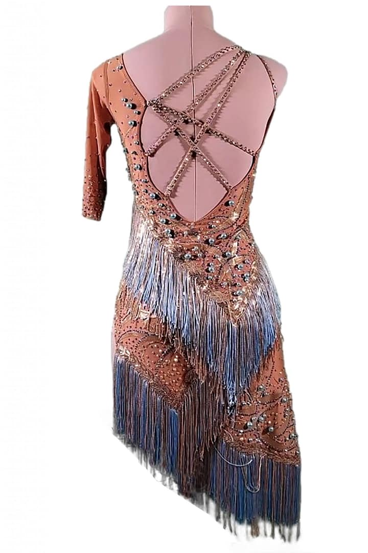 Devi Latin dress — back view — open back with crisscross straps over nude mesh and multi-tone fringe