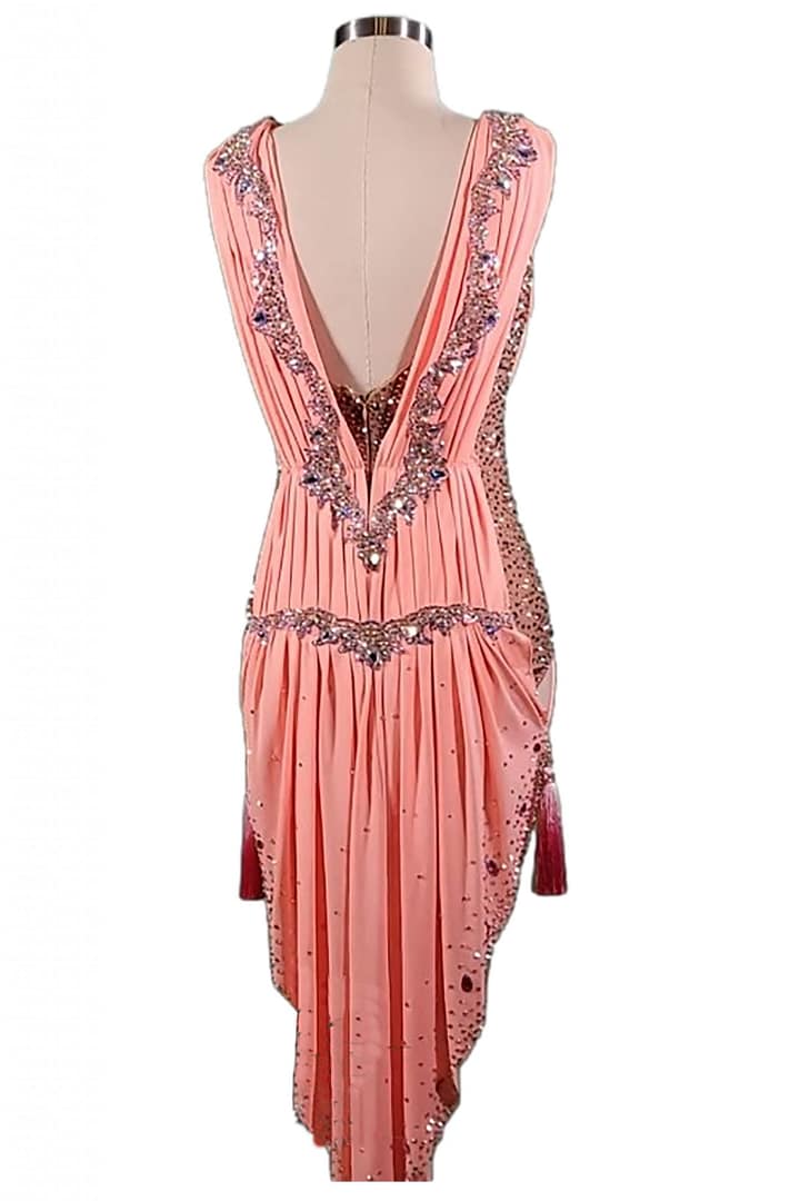 Joni Latin dress — back view — deep V-back design framed by crystal detailing and draped fabric