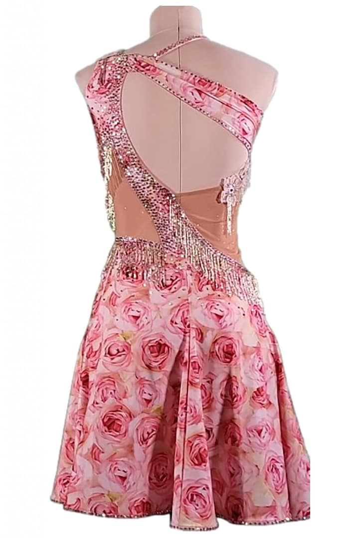 Usha Latin Dress – back view – open back with diagonal strap, rose-pattern skirt and sparkling crystal waistband
