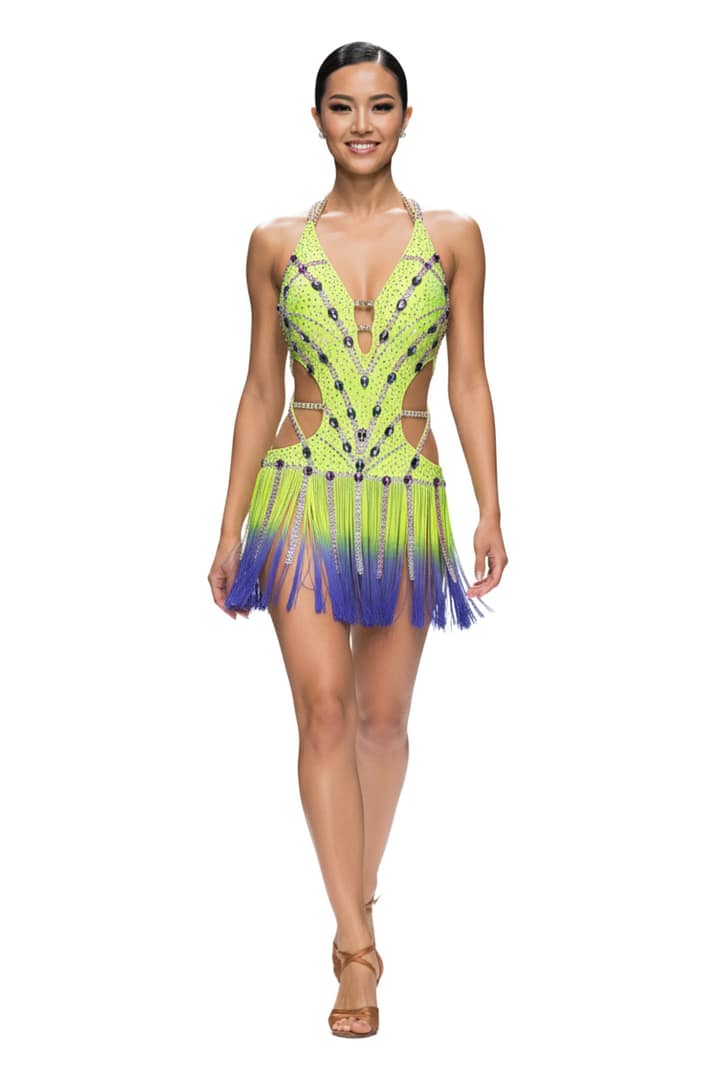 Electric Rhythm Latin dress full view full-body view of model wearing the Sunshine Latin dress