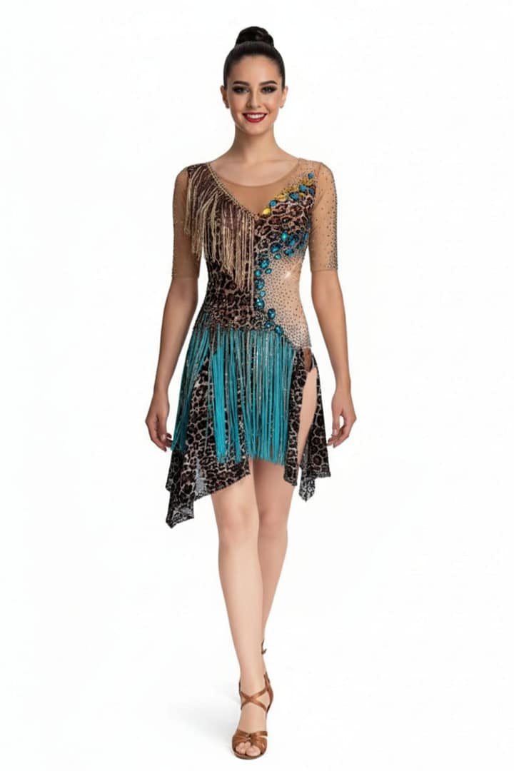 Midnight Ember Latin Dress front body model in asymmetric leopard print skirt with flowing turquoise and gold micro sequin fringe