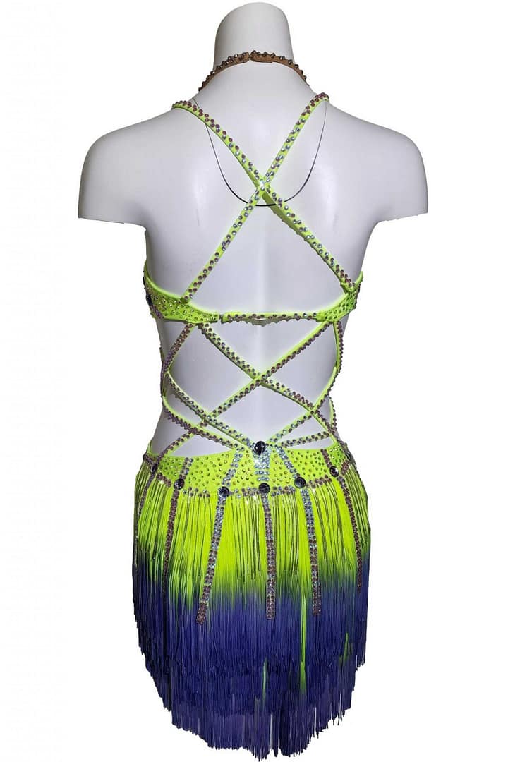 Sunshine Latin dress — back view — open back with horizontal and diagonal crystal straps