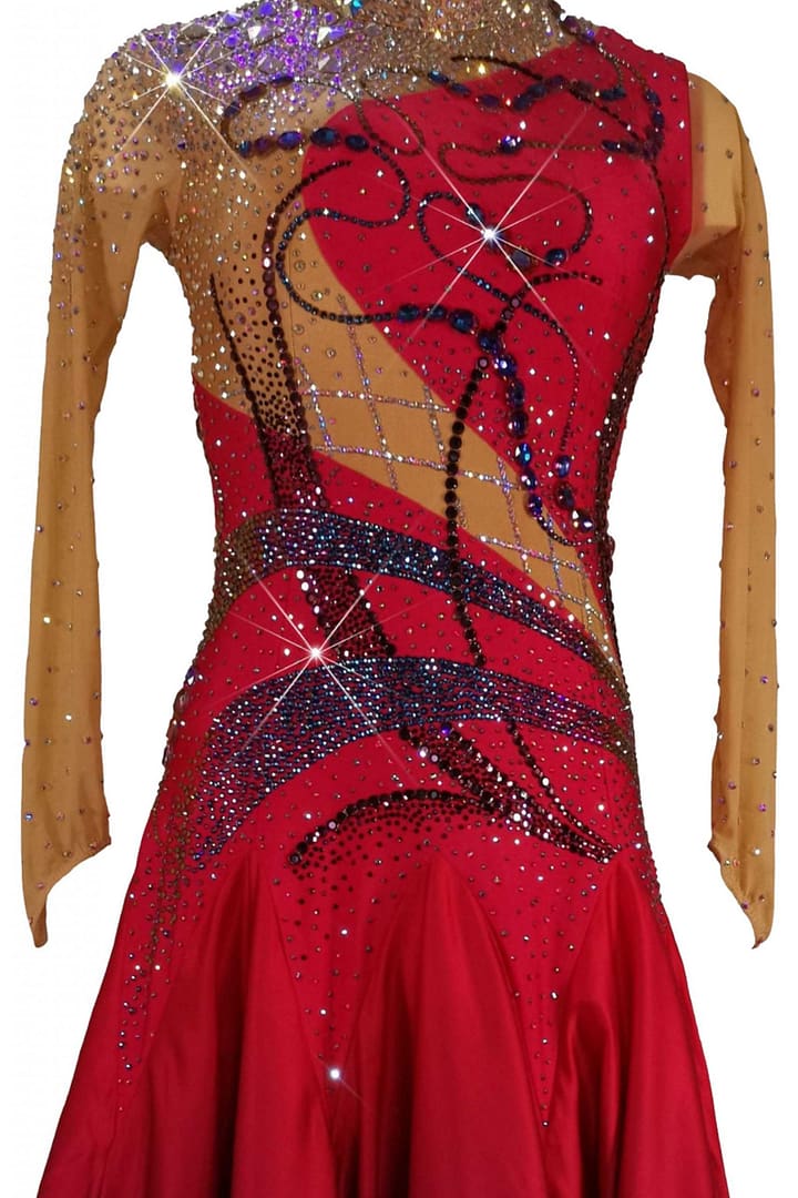 Gemma ballroom gown — bodice detail — close-up of multicolor crystal patterns on red fabric