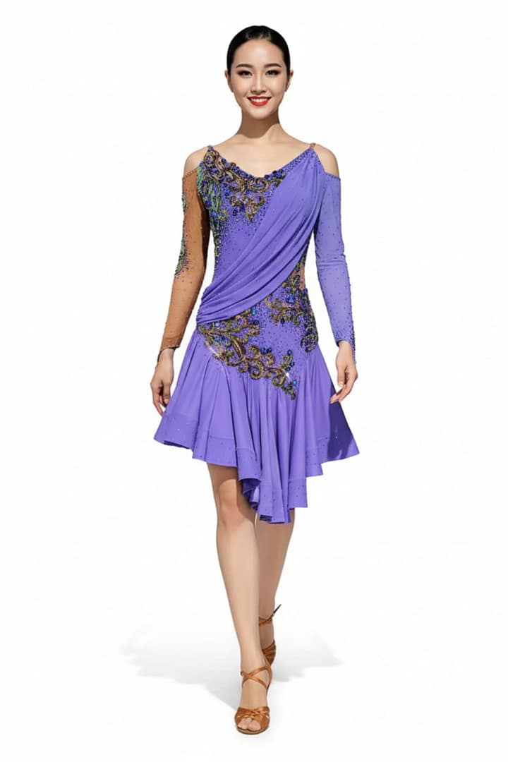 Clea Latin Dress — front view whole body — model in lavender dress with cold-shoulder design and diagonal draped fabric across the bodice
