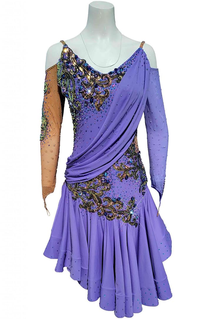 Lavender Rhythm Latin Dress in mannequin front view of lavender dress featuring unique shoulder straps and asymmetric draping