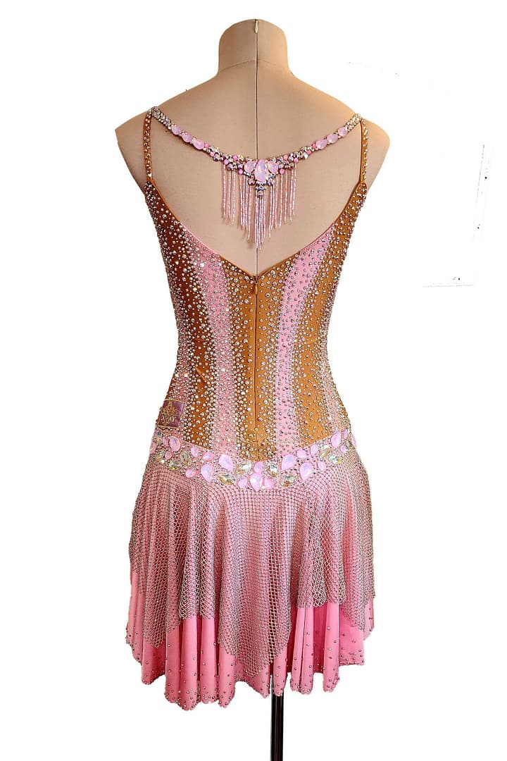 Blush Reverie Latin dress back view blush pink gown with open-back design and crystal mesh detailing.