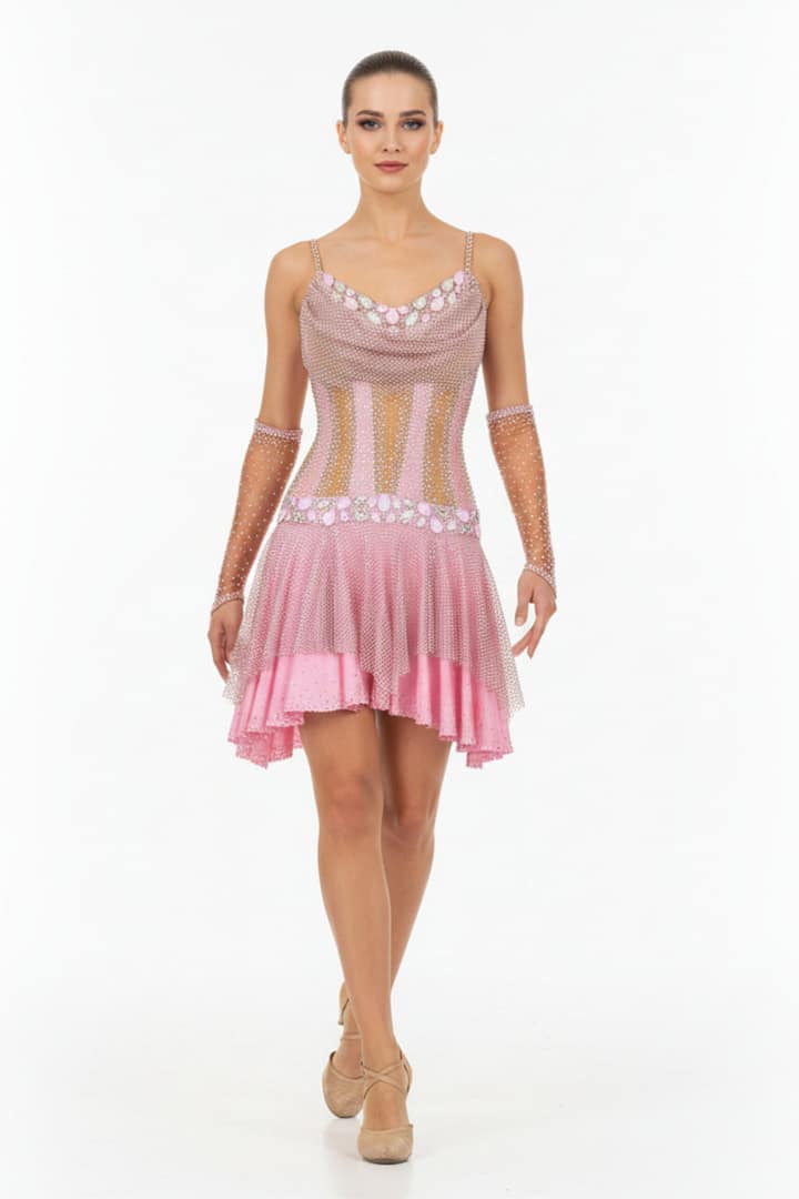 Blush Reverie Latin dress front view blush pink Latin dress with cowl neckline, nude mesh base, and layered crystal embellishments